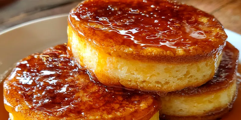 Stack of thick, golden Japanese soufflé pancakes with caramelized tops, covered in glossy syrup on a white plate
