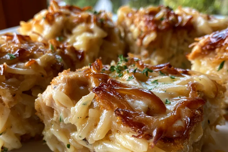 French Onion Chicken Orzo Casserole baking in the oven