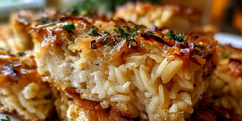 Delicious French onion chicken orzo casserole served in a baking dish