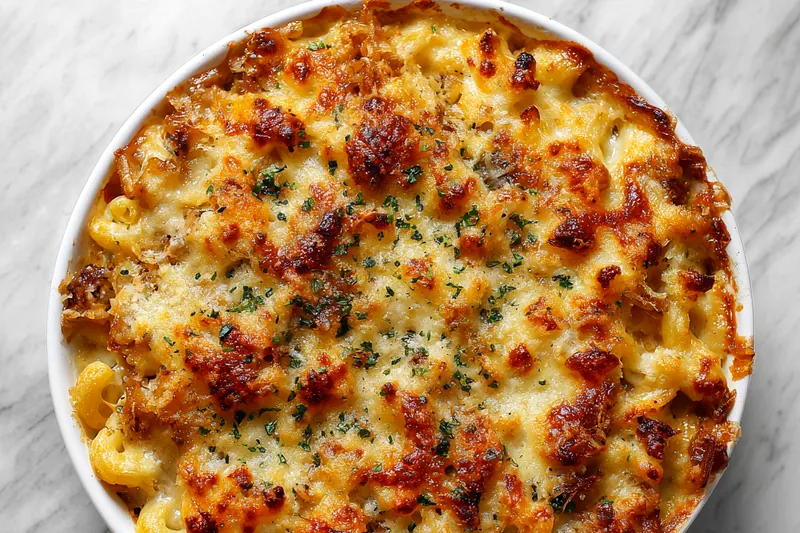 Cooking French Onion Soup Mac & Cheese in a pot.