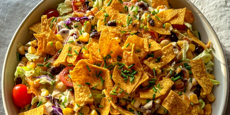 A vibrant Hearty Frito Cowboy Salad served in a large bowl, showcasing colorful ingredients topped with Fritos.