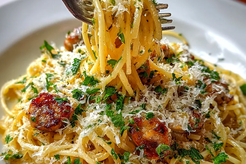 Fresh ingredients for Garlic Butter Sausage & Parmesan Pasta
