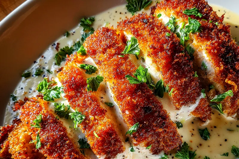 Chef Mitchell skillfully frying Garlic Parmesan Chicken Delight in a skillet, showcasing the golden crust and delicious aroma.