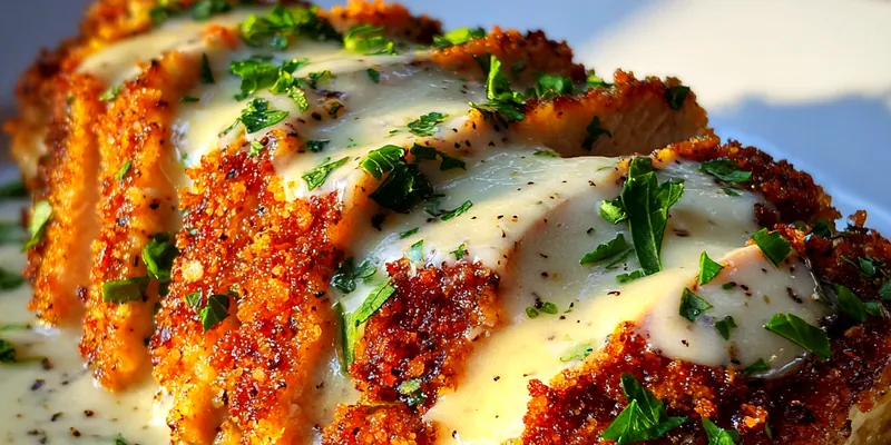 A beautifully plated serving of Garlic Parmesan Chicken Delight, garnished with fresh parsley and served with a side of vegetables.