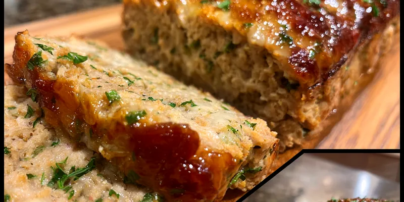 Golden-brown Garlic Parmesan Chicken Loaf served on a wooden cutting board, surrounded by fresh herbs.