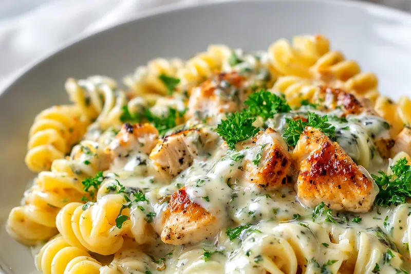 Fresh ingredients for Garlic Parmesan Chicken Pasta laid out on a counter