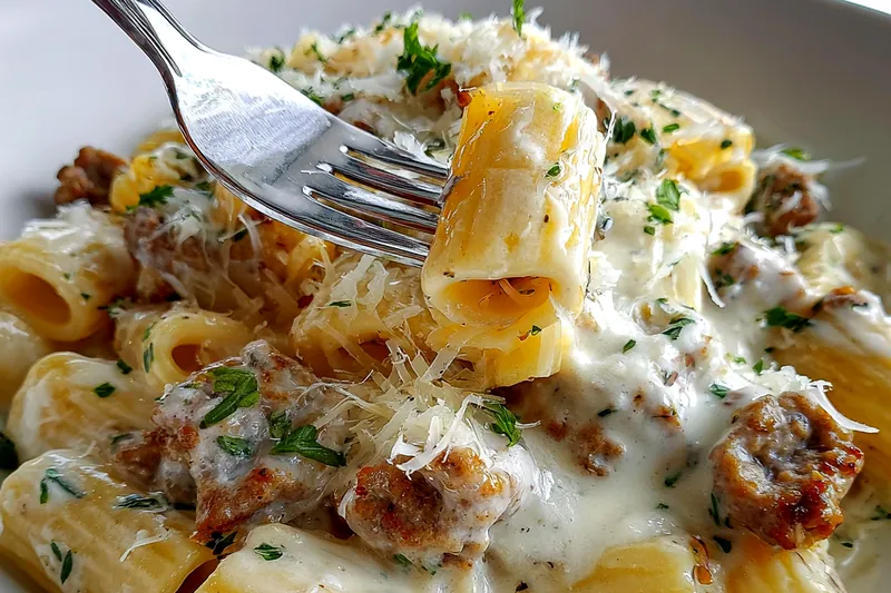 Cooking process of Garlic Sausage Alfredo Rigatoni, showcasing the creamy sauce and rigatoni.