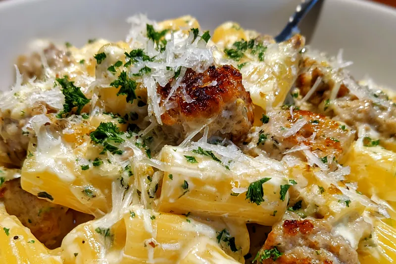 Fresh ingredients for Garlic Sausage Alfredo Rigatoni including pasta, sausage, and herbs.