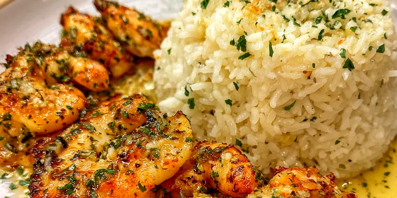 A beautifully plated Garlic Scampi Delight with shrimp and pasta garnished with parsley.