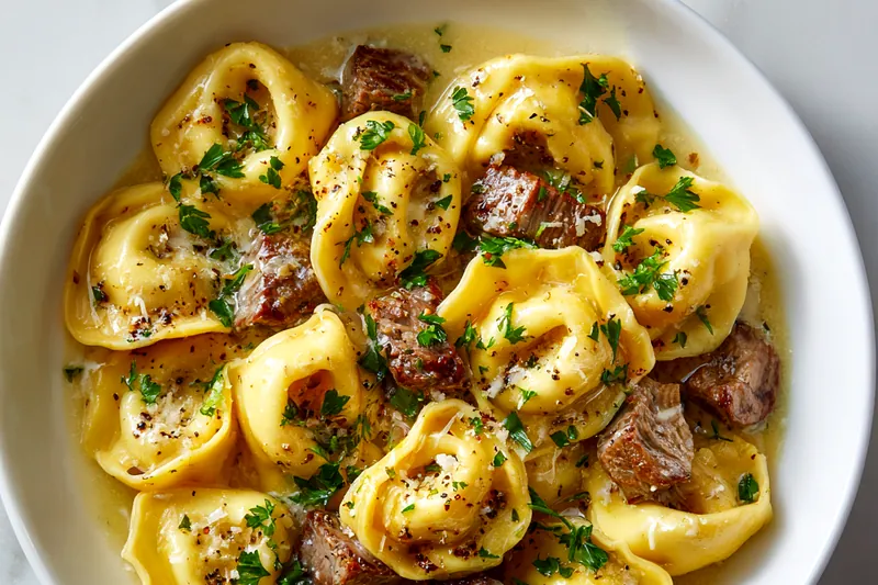 Cooking process of Garlic Steak Tortellini in a skillet