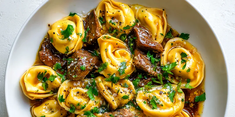 Delicious Garlic Steak Tortellini served on a plate