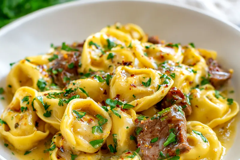 Fresh ingredients for Garlic Steak Tortellini including steak and tortellini
