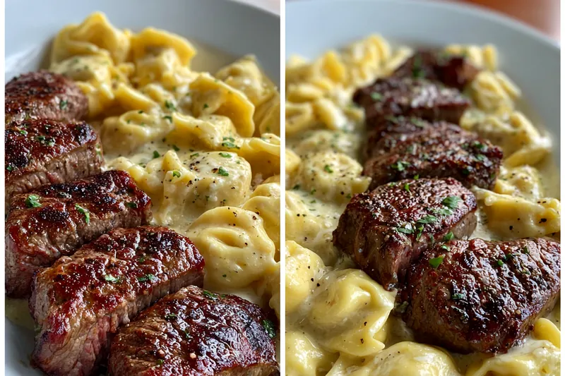 A chef expertly sautéing garlic and steak in a skillet, showcasing the cooking process for Garlic Steak Tortellini.