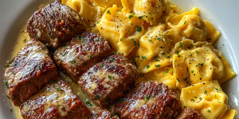 A beautiful serving of Garlic Steak Tortellini, garnished with parsley and accompanied by fresh tomatoes.