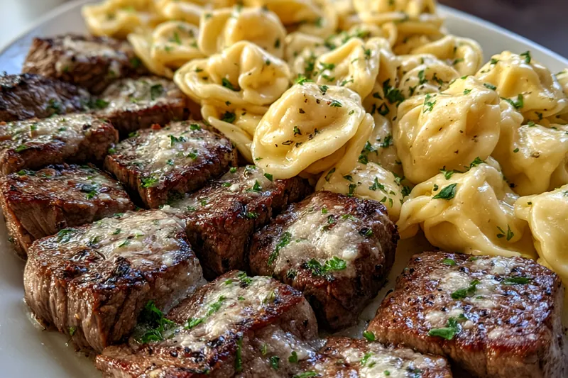 Ingredients for Garlic Steak Tortellini laid out on a kitchen countertop, including steak, tortellini, garlic, and fresh vegetables.