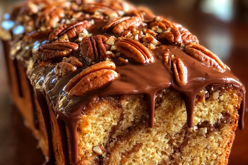 Baking process of Chocolate Pecan Pound Cake with batter in the loaf pan ready to go into the oven.