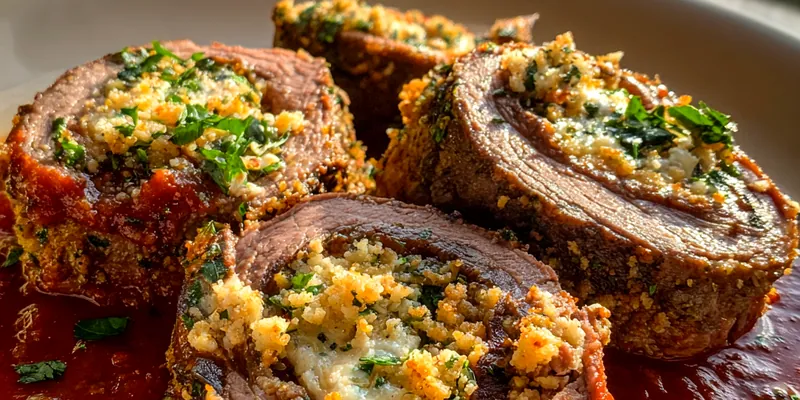 A beautiful presentation of Savory Stuffed Beef Rolls with marinara sauce and garnished with herbs.