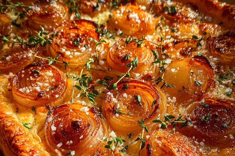 Cooking process of Savory Onion Gruyère Tart showing the tart being assembled with layers of onions and cheese.