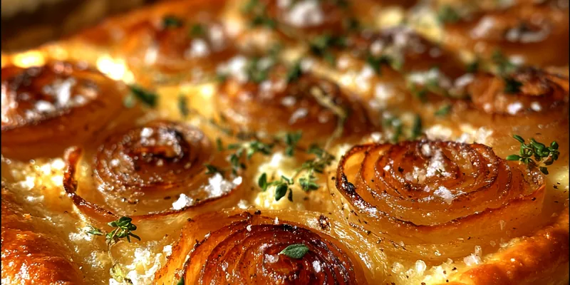 A freshly baked Savory Onion Gruyère Tart, golden brown and garnished with fresh parsley, served on a rustic wooden table.