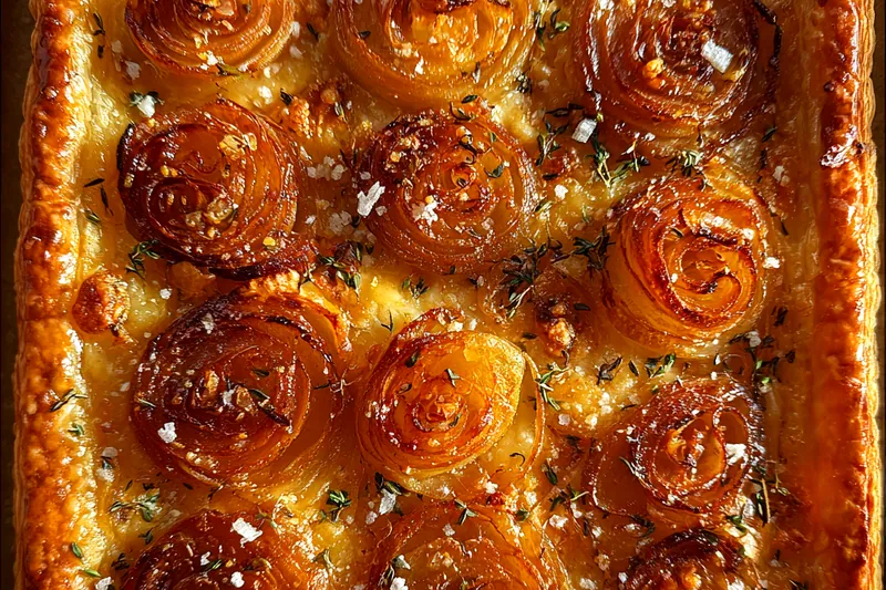 Fresh ingredients for Savory Onion Gruyère Tart including onions, Gruyère cheese, and puff pastry.