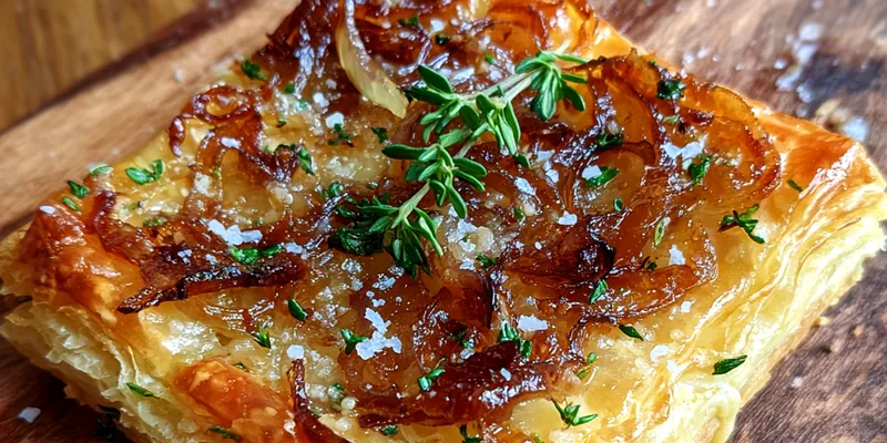 A beautifully baked Savory Caramelized Onion Tart with a golden crust and caramelized onions on top
