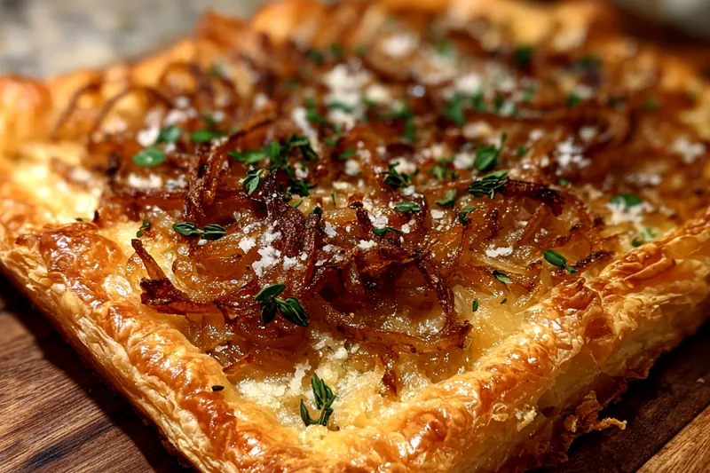 Fresh ingredients laid out for Savory Caramelized Onion Tart including onions, cheese, and herbs.