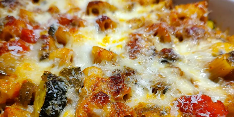 Delicious Golden Cheesy Vegetable Pasta Bake served on a plate