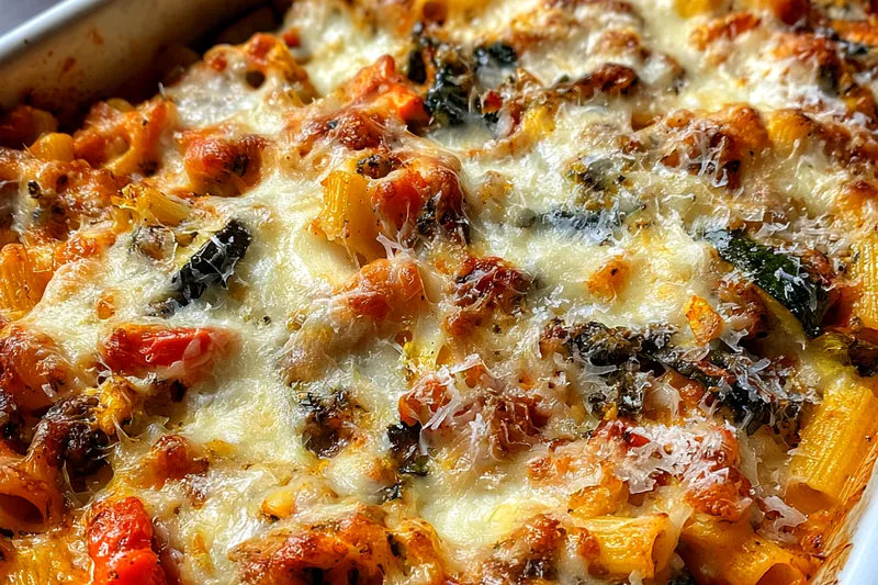 Fresh ingredients for Golden Cheesy Vegetable Pasta Bake including pasta, bell peppers, zucchini, tomatoes, and cheese