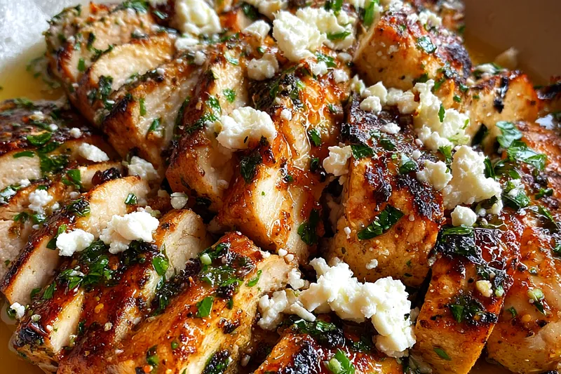 Golden Lemon Herb Feta Chicken Breasts baking in a skillet with tomatoes