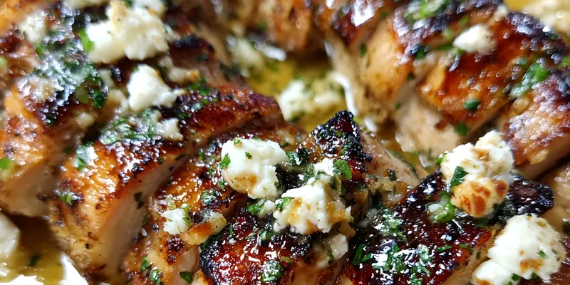 Delicious Golden Lemon Herb Feta Chicken Breasts served on a plate with fresh herbs