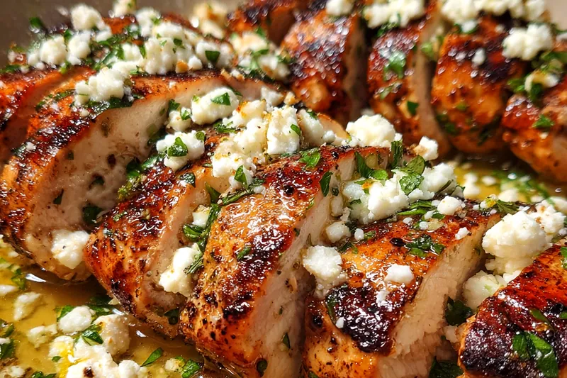 Fresh ingredients for Golden Lemon Herb Feta Chicken Breasts laid out on a cutting board