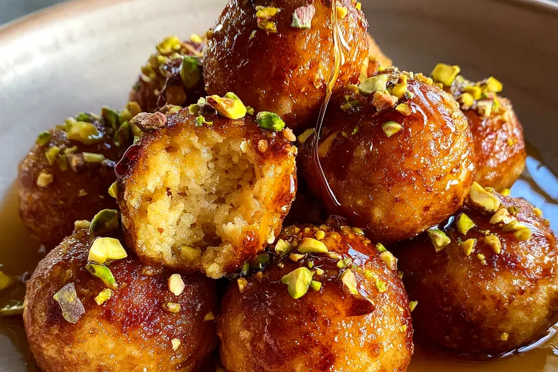 Golden Pistachio Honey Balls being dipped in melted dark chocolate.