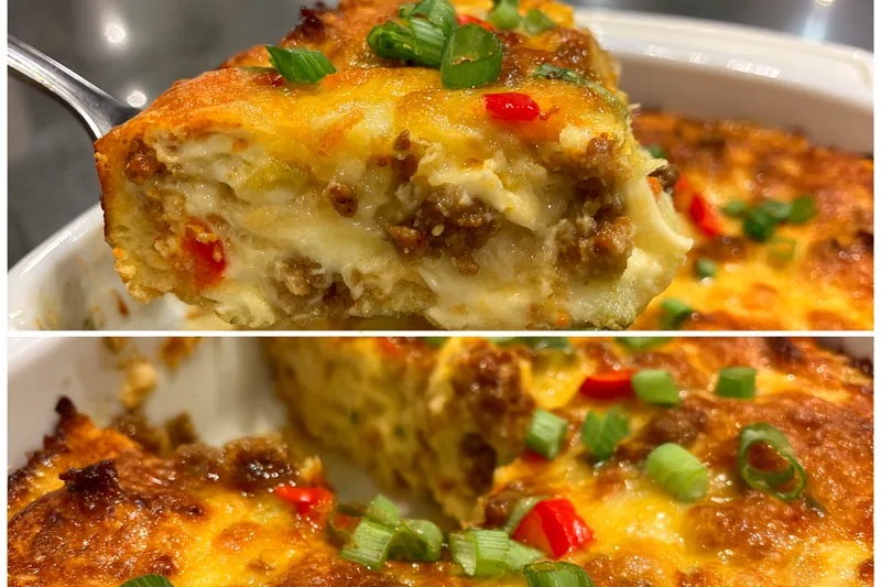 Fresh ingredients including bell peppers, ground beef, and spices ready for cooking.