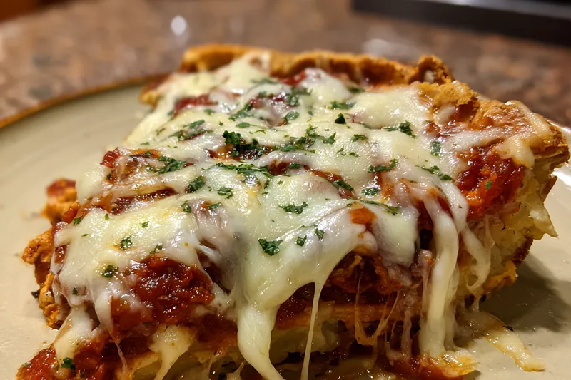 The cooking process of Gooey Pizza Pot Pie, showing the pie being assembled with filling and crust.