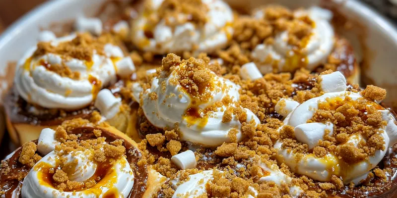 A plate of freshly baked Gooey S'mores Cinnamon Rolls, drizzled with glaze and garnished with chocolate chips and graham cracker crumbs.