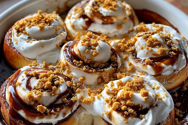 An assortment of ingredients for Gooey S'mores Cinnamon Rolls, including dough, chocolate, and marshmallows.