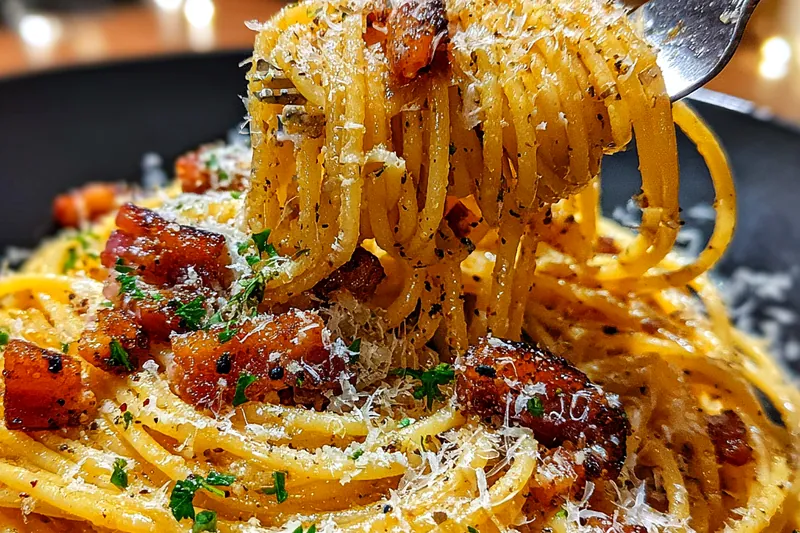 A chef stirring pasta in a skillet with pancetta and creamy sauce for Gourmet Carbonara Delight.