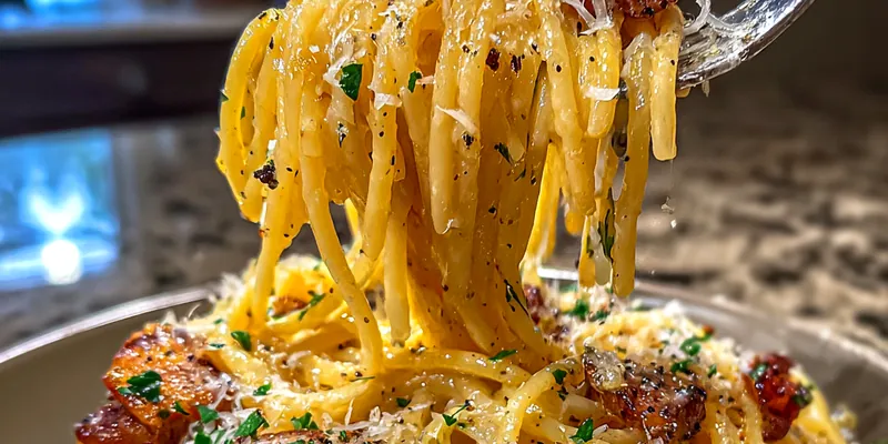 A beautifully plated Gourmet Carbonara Delight topped with fresh parsley and grated Parmesan on a rustic wooden table.