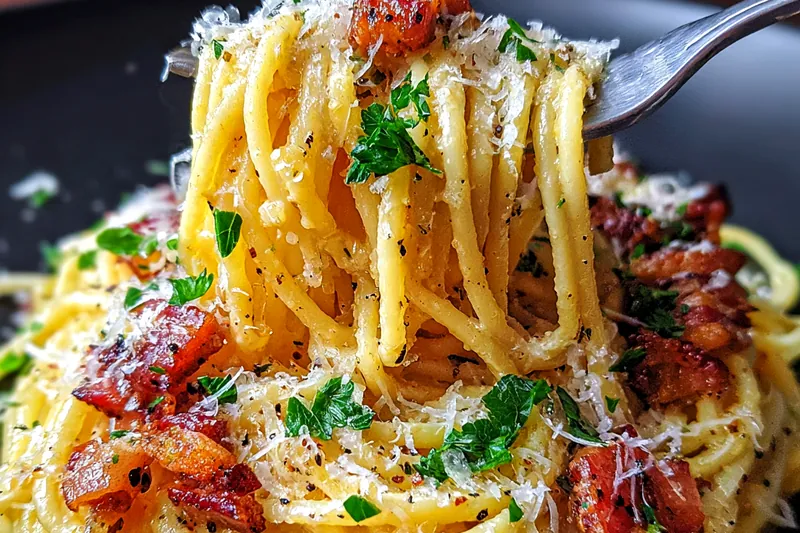 A vibrant display of fresh ingredients including spaghetti, pancetta, eggs, and herbs for Gourmet Carbonara Delight.