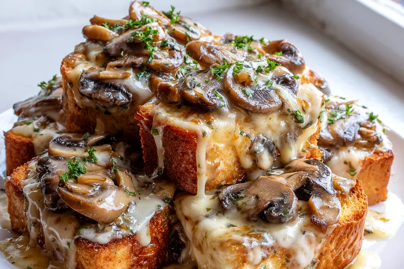 Fresh ingredients for gourmet cheesy mushroom toasts including mushrooms, cheese, and herbs.