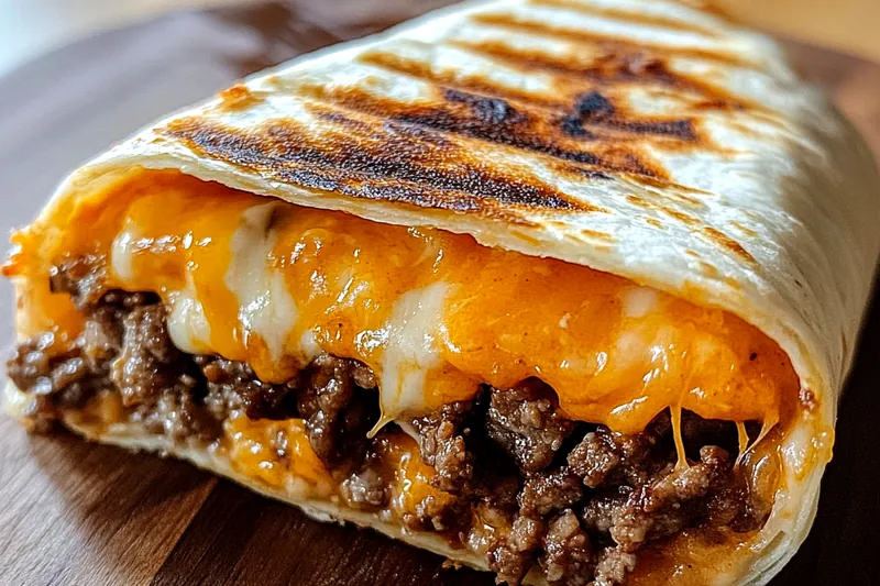 Chef preparing Cheesy Beef Burrito Delight in a skillet, showcasing the cooking process.