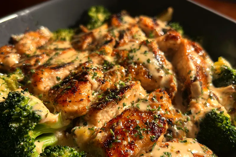 Chef stirring the Garlic Chicken Broccoli Bowl in a skillet, showcasing the vibrant colors and fresh ingredients.