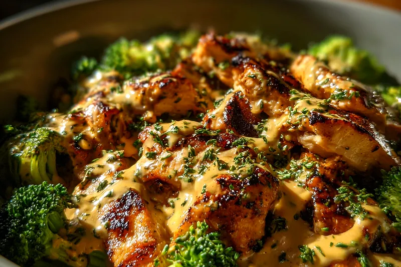 A beautiful array of fresh ingredients for Garlic Chicken Broccoli Bowl including chicken, broccoli, garlic, and seasonings.