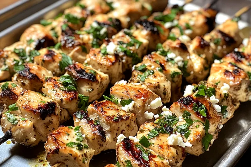 Grilling Delicious Greek Chicken Skewers on a barbecue with smoke rising and vibrant colors.