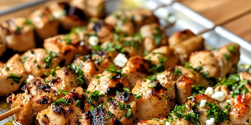 A plate of Delicious Greek Chicken Skewers garnished with fresh herbs and lemon wedges.