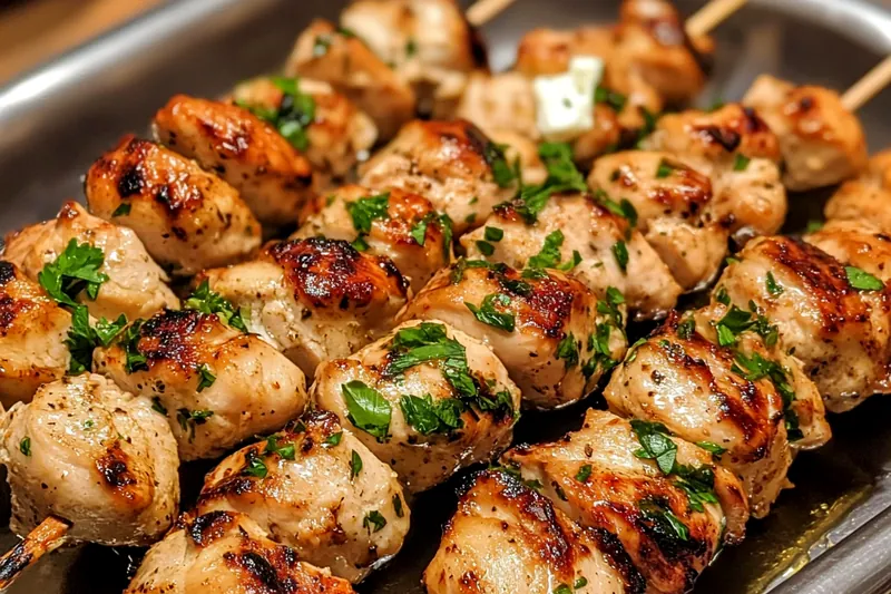 A colorful display of fresh ingredients for Greek Chicken Skewers including chicken, bell peppers, and spices.