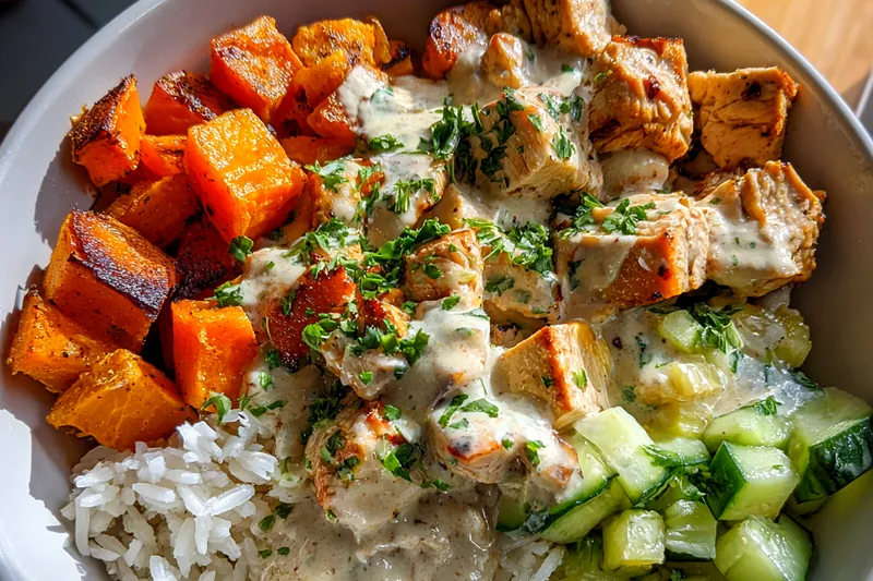 Fresh ingredients for Grilled Chicken Sweet Potato Bowl