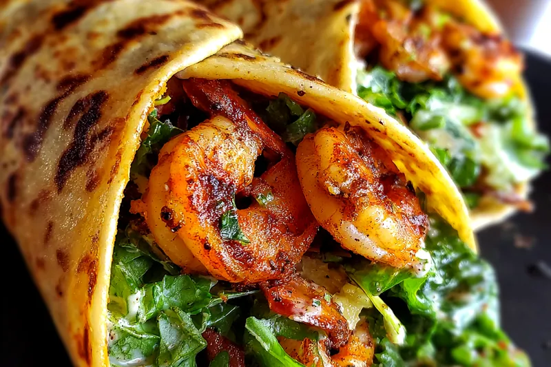 A chef skillfully cooking shrimp in a skillet as part of the Savory Shrimp Caesar Wraps preparation.