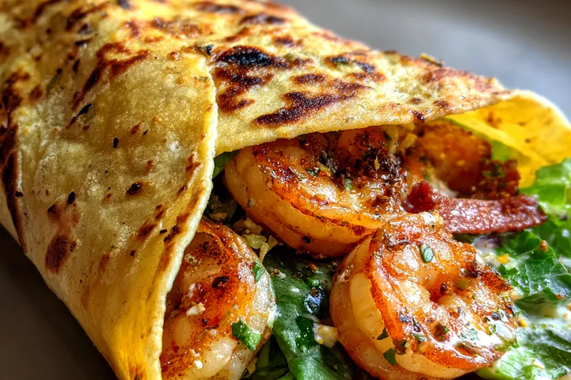A vibrant display of ingredients ready for Savory Shrimp Caesar Wraps including shrimp, tortillas, and vegetables.