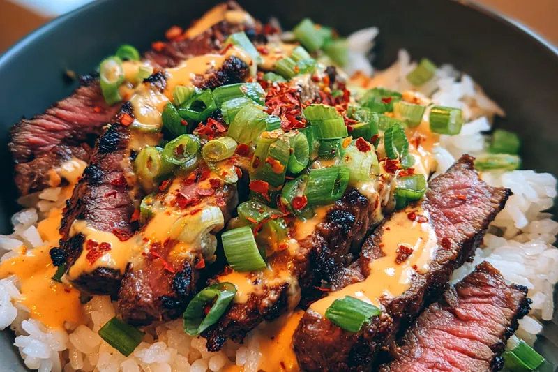 Fresh ingredients for Grilled Steak Rice Bowl